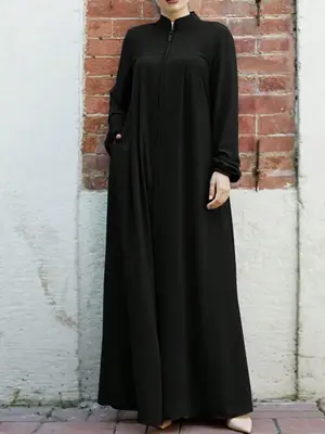 Women's Plain Pocket Zipper Arabian Dress, Casual Long Sleeve Stand Collar Maxi Dress for Daily Wear, Ladies Modesty Muslim C...