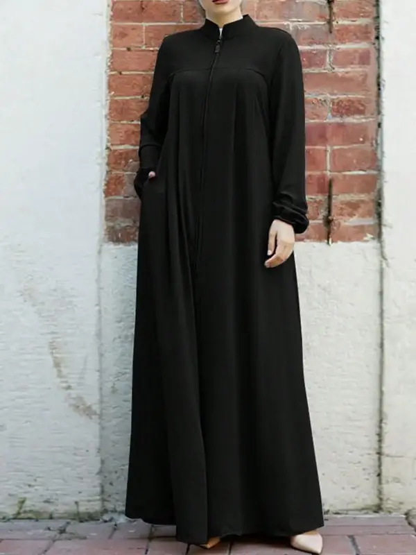 Women's Plain Pocket Zipper Arabian Dress, Casual Long Sleeve Stand Collar Maxi Dress for Daily Wear, Ladies Modesty Muslim C...