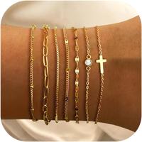 Sanfenly 7 PCS Gold Bracelets for Women Waterproof –14K Gold Plated Dainty Cuff Chain Bracelets Set –Trendy Adjustable Th...