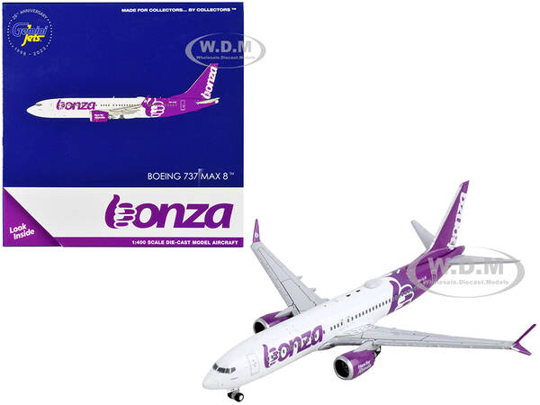 Boeing 737 MAX 8 Commercial Aircraft Bonza Aviation White and Purple 1/400 Diecast Model Airplane by GeminiJets
