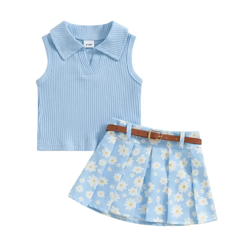 Canrulo Toddler Baby Girl Summer Clothes 1T 2T 3T 4T 5T Ribbed Knit Sleeveless Tank Tops Daisy Print Mini Skirts Set 2Pcs Out...