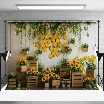 Aperturee Rustic Wall Light Greenery Sunflower Spring Backdrop, 3X2FT(1MX0.6M), 14 USD, spring backdrops, NYHD1J13-M