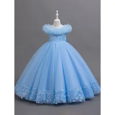 [Elegant Evening Gown] High-End Elegant Girls' Long Evening Gown |   White Dress with Floral Lace Detail, Sequined Waist, and...