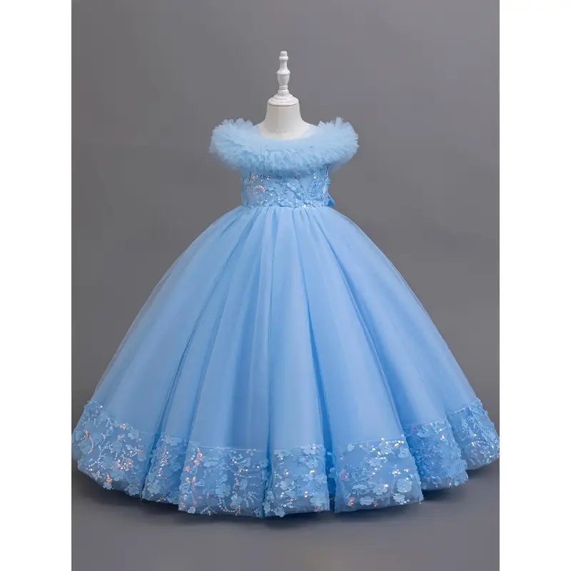 [Elegant Evening Gown] High-End Elegant Girls' Long Evening Gown |   White Dress with Floral Lace Detail, Sequined Waist, and...