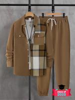 【Plus Size】 Men's Plaid Print Button Front Shirt & Drawstring Waist Pants Set, Regular Fit Casual Checked Long Sleeve Co...
