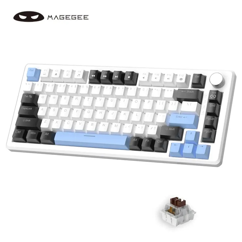 MageGee MK-STAR75 Mechanical Gaming Keyboard with Knob Control, Blue Backlit Wired Gaming Keyboard, EVA Silent Portable Keybo...