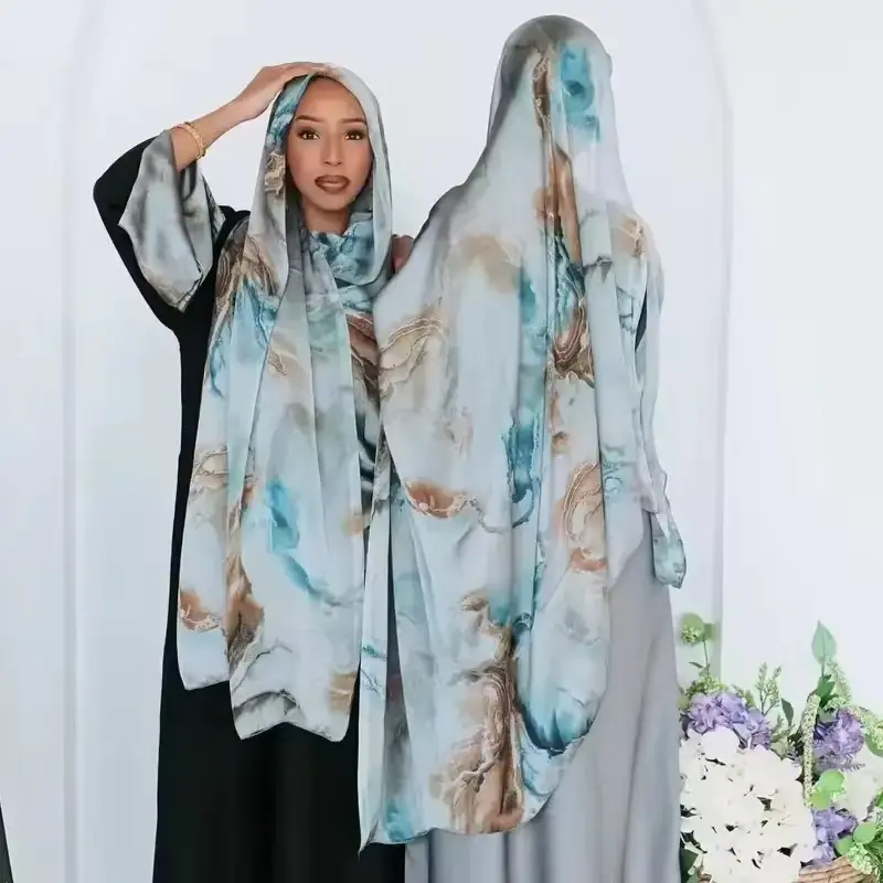 Ombre Marble Water Print Shawl Hijab Scarves Premium Chiffon Silk Muslim Floral Design Long Style Satin Modal
