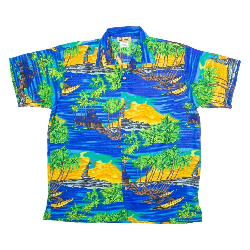 INGEAR Mens Hawaiian Shirt Blue Silk Floral L