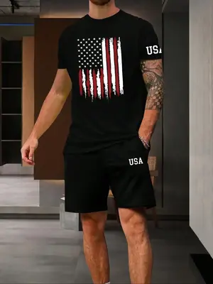Two-piece Set Men's Flag Graphic Sleep Tee & Letter Print Drawstring Pocket Shorts Pyjama Set, Comfy Men's Sleepwear Set for...