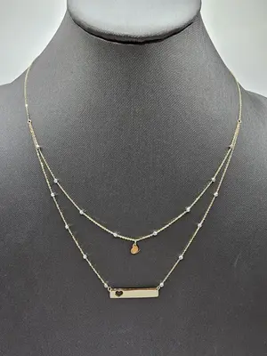 14K Gold Necklace - Heart Design with Layered Bead Accents and Horizontal Bar Charm