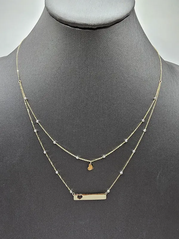 14K Gold Necklace - Heart Design with Layered Bead Accents and Horizontal Bar Charm