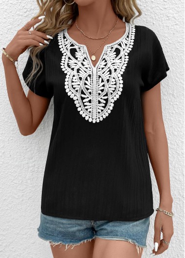 Modlily Black Patchwork Short Sleeve Split Neck T Shirt - L
