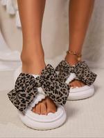 Women's Cute Leopard Print Bowknot & Flower & Heart Design Slippers, Casual Soft Comfortable Home Slippers, Warm Slippers for...
