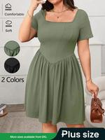 【Plus Size】 Solid Square Neck Dress, Casual Short Sleeve Dress for Summer, Women's Clothing for Daily Wear