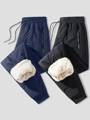 Men's Letter Print Zipper Pocket Drawstring Waist Thermal Lined Pants, Regular Fit Casual Waterproof Windproof Warm Trousers ...