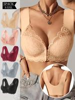 Set Of 5 - Sexy Lace Front Plunging V-neck Bra, Women's Solid Color Contrasting Lace Detailing, Seamless Back, Wide Shoulder ...