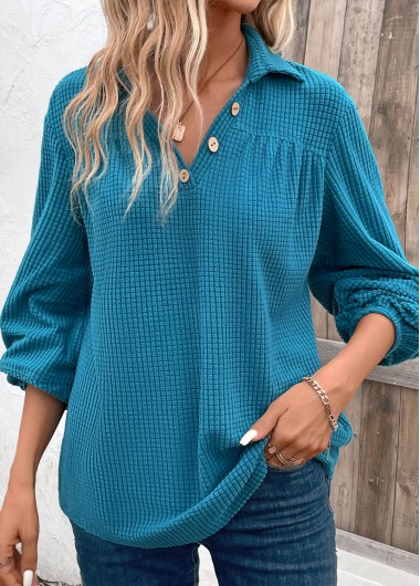 Modlily Peacock Blue Ruched Plus Size Long Sleeve Blouse - XL