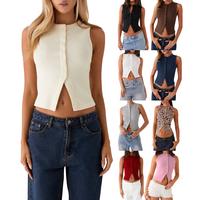 Women Button down Tank Tops Casual Summer Solid Color Sleeveless Crop Shirt Basic Vest Aesthetic Clothes for Streetwear