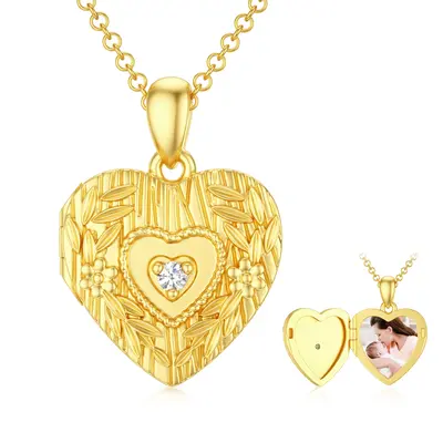Sterling Silver With Yellow Gold Plated Cubic Zirconia Personalized Photo Locket Necklace For Women