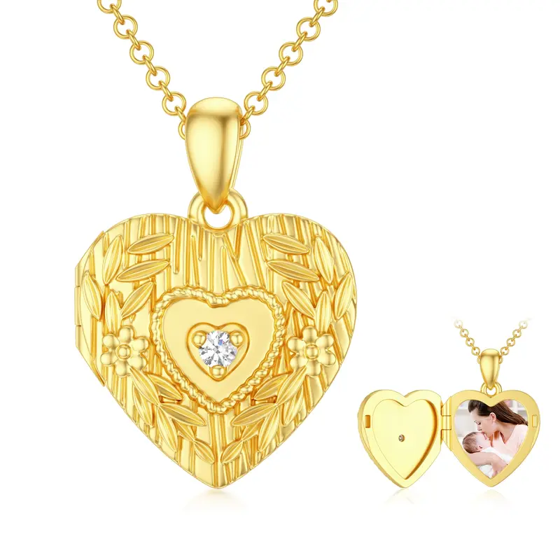 Sterling Silver With Yellow Gold Plated Cubic Zirconia Personalized Photo Locket Necklace For Women