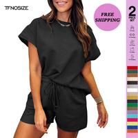 TFNOSIZE Two-Piece Set Women's Solid Textured Batwing Sleeve T-shirt & Drawstring Waist Shorts Set, Casual Round Neck Short S...