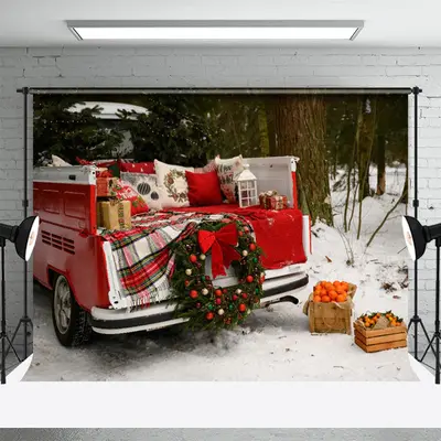 Snowyland Red Car Oranges Forest Christmas Backdrop - Aperturee
