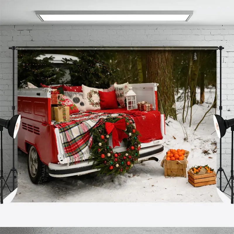 Snowyland Red Car Oranges Forest Christmas Backdrop - Aperturee
