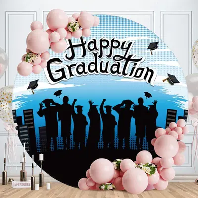 Blue Black Round Happy Graduation Party Backdrop - Aperturee