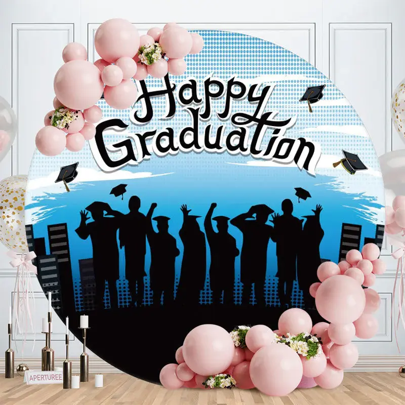 Blue Black Round Happy Graduation Party Backdrop - Aperturee
