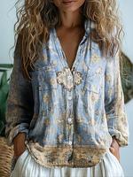 Women's All Over Print Shirt, Boho Casual Long Sleeve Button Top for Daily Holiday Vacation Wear, Ladies Clothes for All Seas...