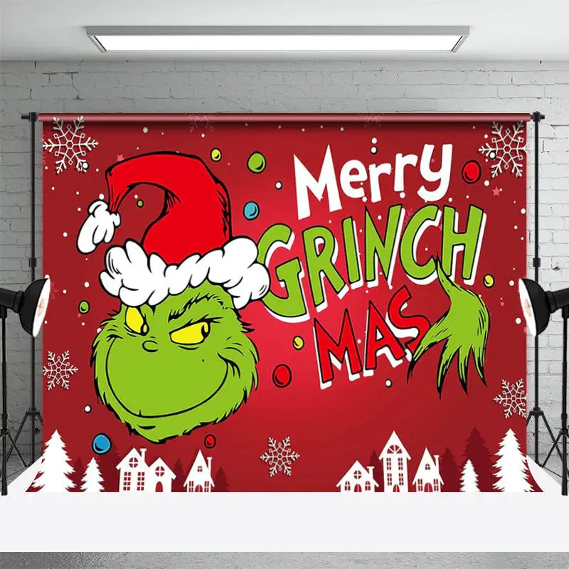 Green Monster Snowflake Red Merry Christmas Backdrop - Aperturee