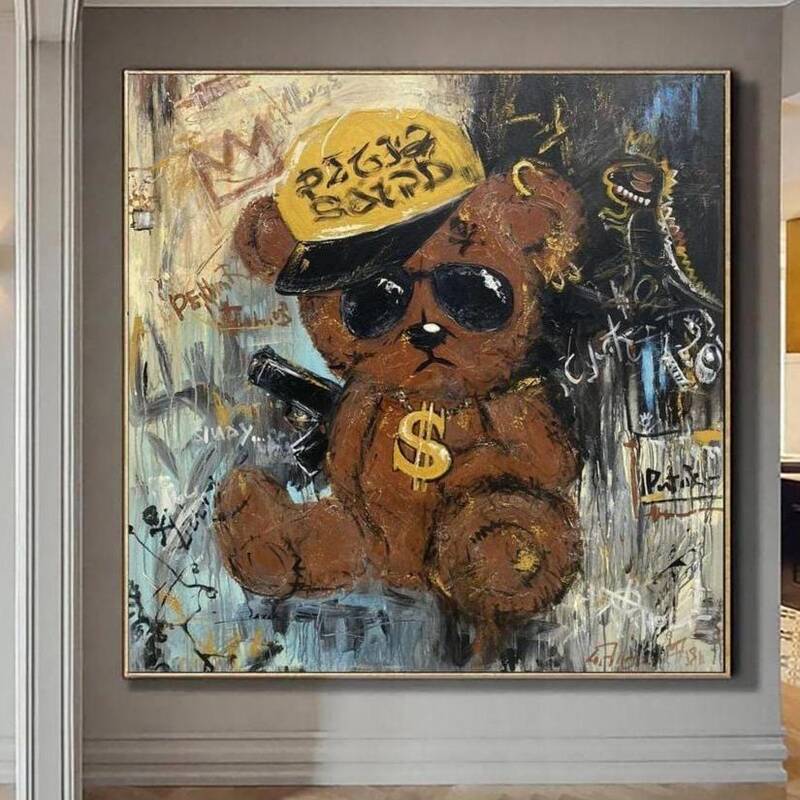 Large Abstract Bear Paintings On Canvas Street Art Painting Original Bear Gangster Painting Graffiti Wall Art Canvas Modern P...