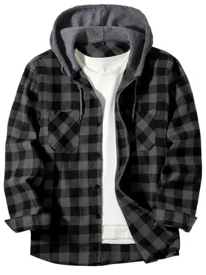 Men's Plaid Print Button Front Drawstring Hooded Shirt, Regular Fit  Hoodie Sweater, Casual Long Sleeve Pocket Top for Daily ...