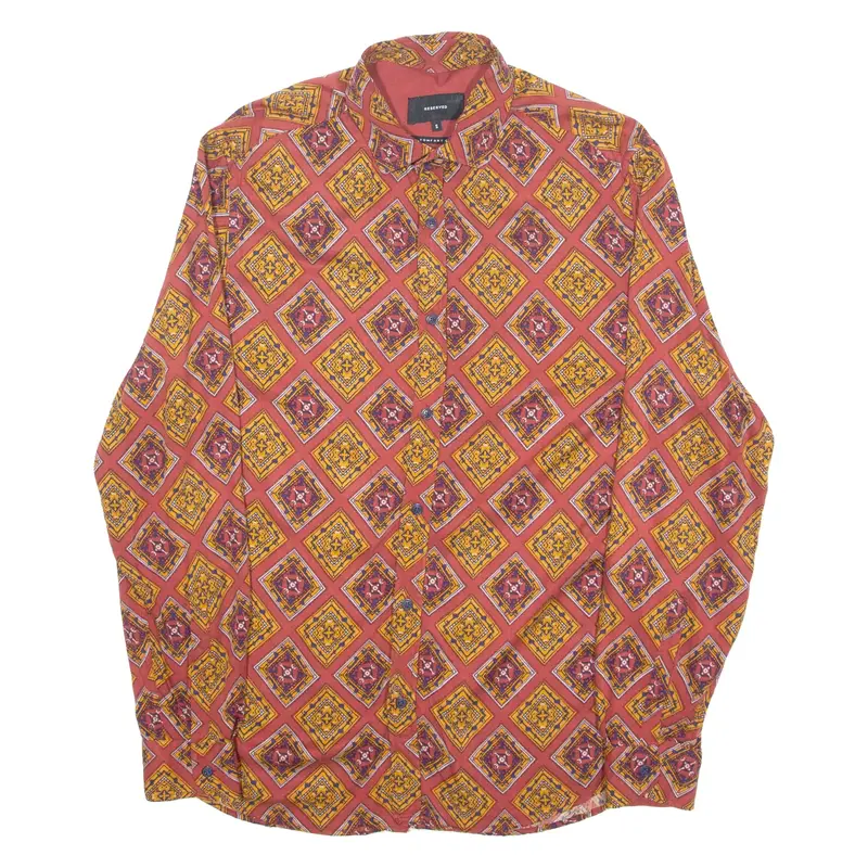 RESERVED Comfort Fit Mens Shirt Maroon Viscose 90s Crazy Pattern S