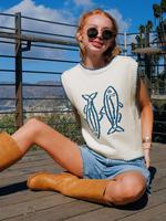Women's Sardine Print Round Neck Sweater Vest, Boho Sleeveless Knit Top for Beach Vacation, Ladies Knitwear for Summer
