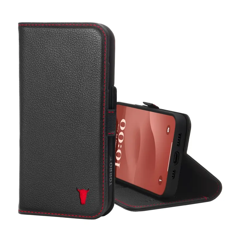 Apple iPhone 15 Leather Wallet Case (with Stand Function) - Black with Red Detail