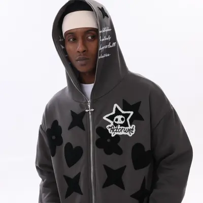 Menswear Star Pattern Print Full Face Zip Sweatshirt Harajuku Zip to Top Hoodie Sweatshirt Jacket Sweaters Pullover Long Slee...