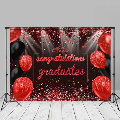 Red Black Balloon Sparkling Girl Grad Photo Backdrop - Aperturee
