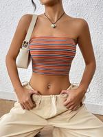 Women's Striped Print Backless Crop Tube Top, Fashion Casual Strapless Cropped Top, Back To School Outfits, Summer Tops, Lad...