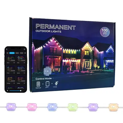 50FT/100FT DIY Outdoor Light with APP/Voice/Remote Control, IP67 Waterproof RGBIC Smart Eaves Cozy Lighting for Outdoor Light...