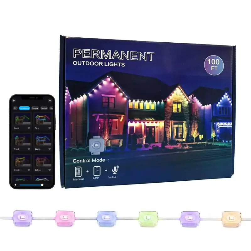 50FT/100FT DIY Outdoor Light with APP/Voice/Remote Control, IP67 Waterproof RGBIC Smart Eaves Cozy Lighting for Outdoor Light...