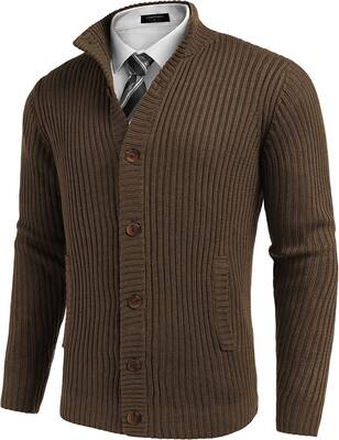 Stand Collar Button Down Sweaters (US Only), Brown / S