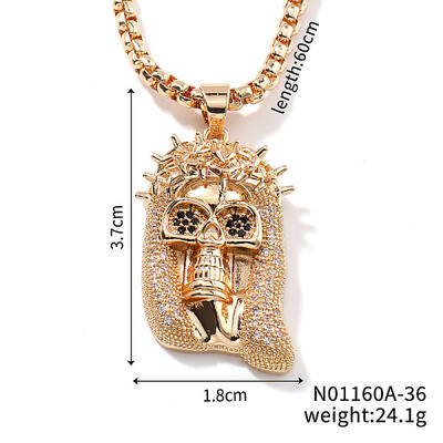 Brass Crystal Rhinestone Skull Crowned Jesus Pendant Box Chain Necklaces
