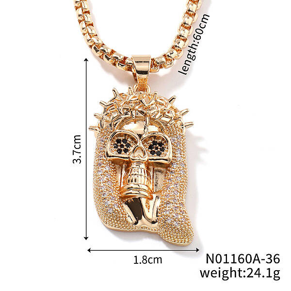 Brass Crystal Rhinestone Skull Crowned Jesus Pendant Box Chain Necklaces