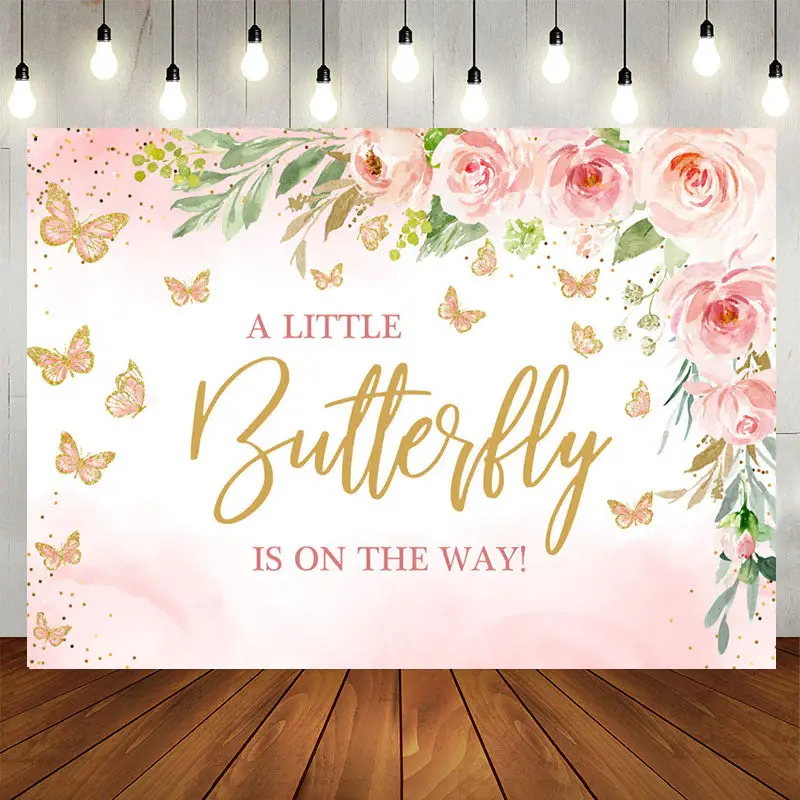 Aperturee Pink Little Butterfly Flowers Baby Shower Backdrop