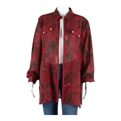 DELMOD Womens Kimono Blouse Red Collared Long Sleeve Floral XL