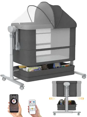 Electric Rocking Bassinet for Baby, 4 in 1 Baby Basinets Bedside Sleeper with Wheels, Automatic Bedside Bassinet with Remote ...
