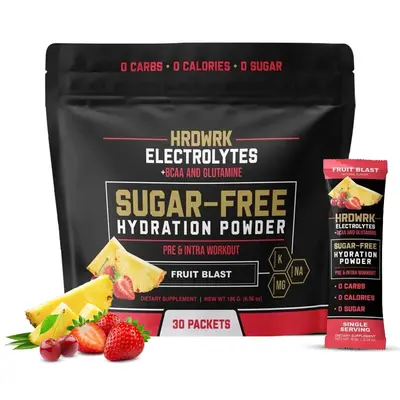 HRDWRK Electrolyte Powder with Magnesium, Potassium, Sodium & BCAAs for Keto Hydration – 30 Sugar-Free Packets with Glutami...