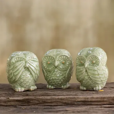NOVICA Green Owl Trio Fair Trade Green Celadon Ceramic Owl Statuettes (set of 3)