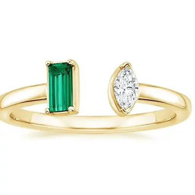18K Gold 0.25 CT Marquise Cut Lab Created Diamond & 0.25 CT Emerald Cut Lab Created Emerald Open Band
